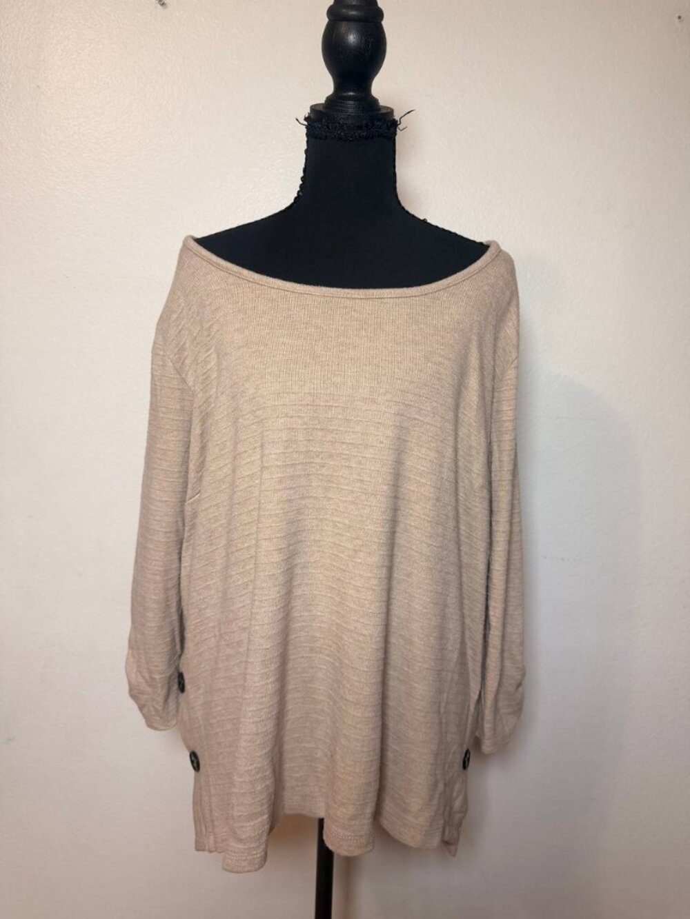 Fortune + Ivy Oatmeal Textured Knit Tunic Top Button Side Neutral Plus Size 2X